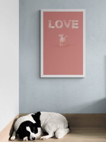 PLAKÁT PEJSEK S NÁPISEM LOVE V RŮŽOVÉM PROVEDENÍ - MOTIVY Z NAŠÍ DÍLNY - PLAKÁTY