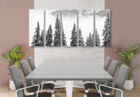 5-TEILIGES WANDBILD SCHNEEBEDECKTE KIEFERN IN SCHWARZ-WEISS - SCHWARZ-WEISSE BILDER - BILDER