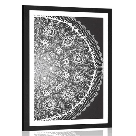 POSTER MIT PASSEPARTOUT DEKORATIVES MANDALA MIT SPITZE IN SCHWARZ-WEISS - SCHWARZ-WEISS - POSTER