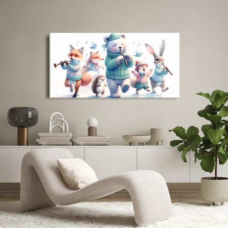 WANDBILD SÜSSE TIERE MIT FLÖTEN IM WINTER - KINDERBILDER TIERE - BILDER