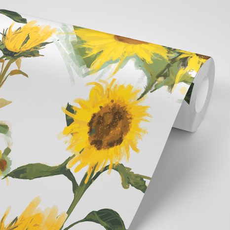 CARTA DA PARATI – GIRASOLI SU SFONDO BIANCO - CARTA DA PARATI CON FIORI - CARTA DA PARATI