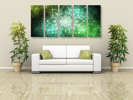 5-DÍLNÝ OBRAZ MANDALA S GALAKTICKÝM POZADÍM V ODSTÍNECH ZELENÉ - OBRAZY FENG SHUI - OBRAZY