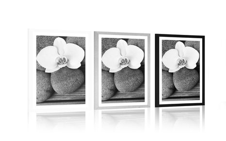 POSTER – PIETRE DEL BENESSERE E ORCHIDEA SU SFONDO IN LEGNO IN BIANCO E NERO - NERO E BIANCO - POSTER