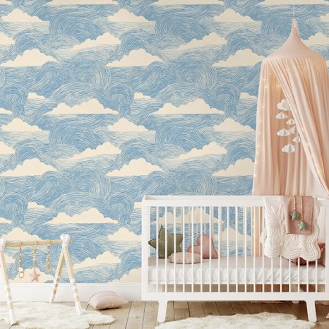 TAPETA MODRÉ VLNY S BÍLÝMI OBLAKY - VZOROVANÉ TAPETY - TAPETY