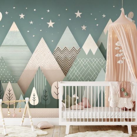 SELBSTKLEBENDE TAPETE KINDER BERGLANDSCHAFT MIT BÄR - KINDERTAPETEN - TAPETEN