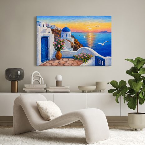 TABLEAU SUR TOILE – CÔTE GRECQUE AU COUCHER DU SOLEIL - TABLEAUX LEVER ET COUCHER DE SOLEIL - TABLEAUX