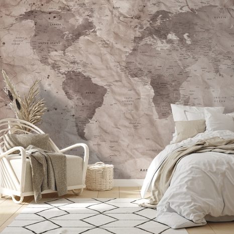 SAMOLEPÍCÍ TAPETA VINTAGE MAPA SVĚTA NA IMITACI STARÉHO PAPÍRU - TAPETY MAPY - TAPETY