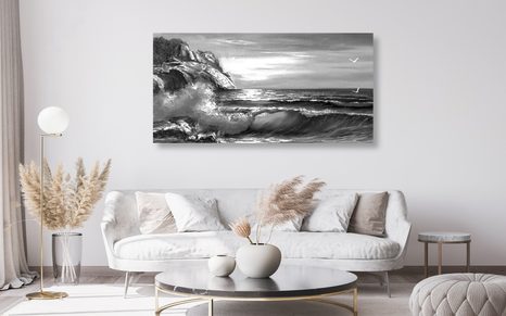 WANDBILD MEERESWELLEN AN DER KÜSTE IN SCHWARZ-WEISS - SCHWARZ-WEISSE BILDER - BILDER