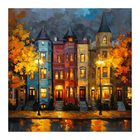 WANDBILD HERBSTLICH BELEUCHTETE STADT - BUNTE HÄUSER - BILDER