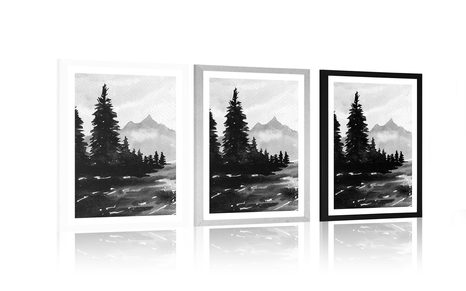 POSTER WITH MOUNT ARTISTIC LANDSCAPE IN BLACK AND WHITE - BLACK AND WHITE - POSTERS