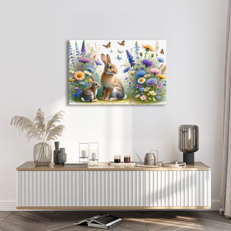 OBRAZ KRÁLÍČCI V JARNÍ KVĚTINOVÉ LOUCE - DĚTSKÉ OBRAZY ZVÍŘÁTKA - OBRAZY