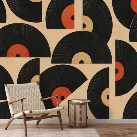 SELBSTKLEBENDE TAPETE RETRO-VINYLPLATTEN AUF BEIGEM HINTERGRUND - MUSIK FOTOTAPETEN - TAPETEN