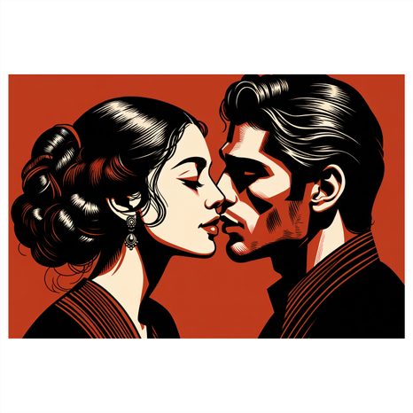 WANDBILD LEIDENSCHAFTLICHER KUSS IN ROT - BILDER MIT LIEBESMOTIVEN - BILDER