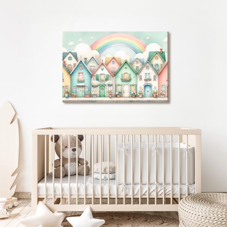 OBRAZ PASTELOVÉ DOMKY S DUHOU - DĚTSKÉ OBRAZY - OBRAZY