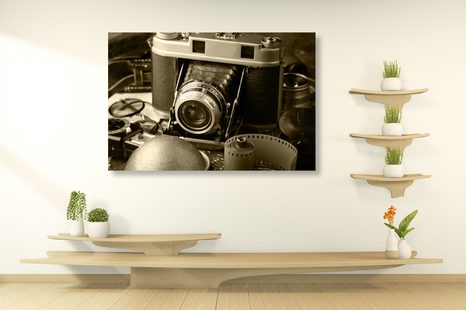 OBRAZ STARÝ FOTOAPARÁT V SÉPIOVÉM PROVEDENÍ - ČERNOBÍLÉ OBRAZY - OBRAZY