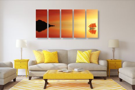 5-TEILIGES WANDBILD ORANGES SEGELSCHIFF - BILDER VON NATUR UND LANDSCHAFT - BILDER