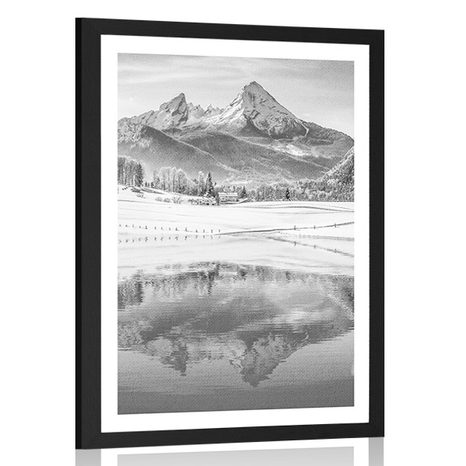 POSTER WITH MOUNT SNOWY LANDSCAPE IN THE ALPS IN BLACK AND WHITE - BLACK AND WHITE - POSTERS