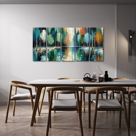 5-TEILIGES WANDBILD RUHIGE WALDREFLEXION - BILDER WALD - BILDER