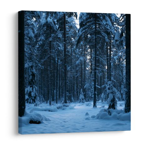 CANVASTAVLA SNÖTÄCKT SKOG I BLÅ SKYMNING - JUL- OCH VINTERTAVLOR - TAVLOR