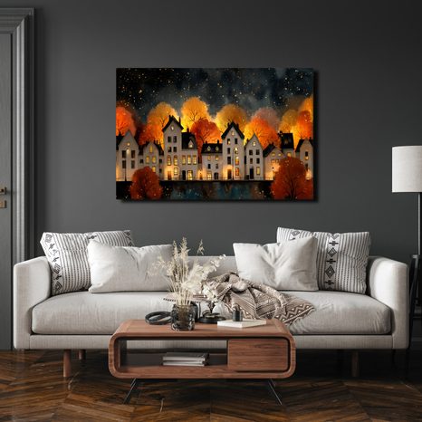 OBRAZ VÁNOČNÍ VESNICE POD HVĚZDAMI - BAREVNÉ DOMY - OBRAZY