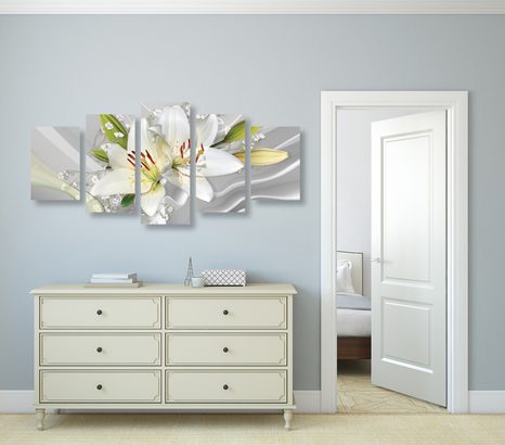 QUADRI 5 PEZZI – GIGLIO BIANCO SU SFONDO INTERESSANTE - QUADRI DI FIORI - STAMPE E QUADRI