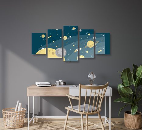 5-DÍLNÝ OBRAZ NEOBYČEJNÝ VÝLET VE VESMÍRU - DĚTSKÉ OBRAZY - OBRAZY