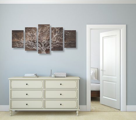 5-TEILIGES WANDBILD BAUMKRONE AUF HÖLZERNEM HINTERGRUND - BILDER BÄUME DES LEBENS - BILDER