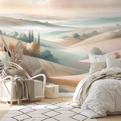 CARTA DA PARATI – PAESAGGIO PASTELLO CON DOLCI COLLINE - CARTA DA PARATI CAMPI E PRATI - CARTA DA PARATI