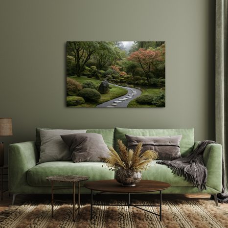 TABLEAU SUR TOILE – JARDIN JAPONAIS AVEC ALLÉE DE PIERRE - TABLEAUX ARBRES ET FEUILLES - TABLEAUX