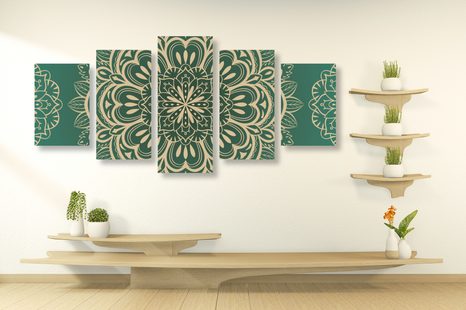 TABLOU 5-PIESE MANDALA PE UN FUNDAL TURCOAZ - TABLOURI FENG SHUI - TABLOURI