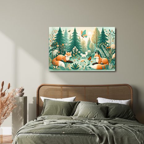 WANDBILD WALDSTILLE MIT FÜCHSEN - KINDERBILDER TIERE - BILDER