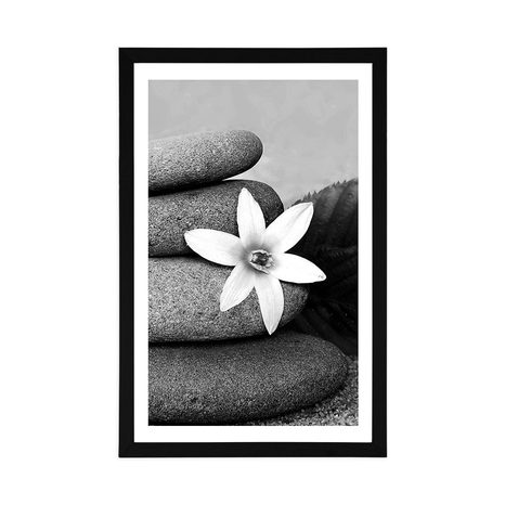 AFFICHE AVEC PASSE-PARTOUT – FLEUR ET PIERRES DANS LE SABLE EN NOIR ET BLANC - NOIR ET BLANC - AFFICHES