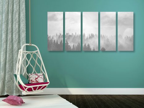 TABLOU 5-PIESE CEAȚĂ DEASUPRA PĂDURII ÎN DESIGN ALB-NEGRU - TABLOURI ALB-NEGRU - TABLOURI