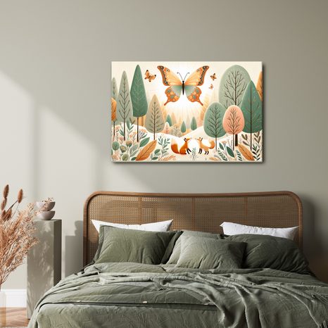 WANDBILD FÜCHSE UNTER FLIEGENDEM SCHMETTERLING - KINDERBILDER TIERE - BILDER