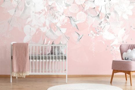 SELBSTKLEBENDE TAPETE BLÄTTER MIT KOLIBRIS IN ROSA-GRAU - SELBSTKLEBENDE TAPETEN - TAPETEN