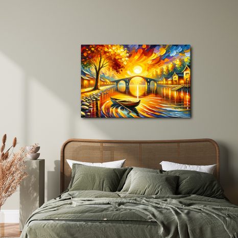 WANDBILD HERBSTLANDSCHAFT MIT BOOT - BILDER VON SONNENAUFGANG UND SONNENUNTERGANG - BILDER