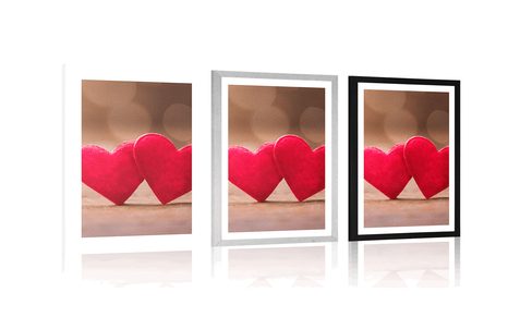 PLAKÁT S PASPARTOU ČERVENÁ SRDÍČKA NA DŘEVĚNÉ TEXTUŘE - LÁSKA - PLAKÁTY