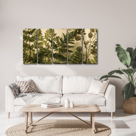 TABLEAU EN 5 PARTIES – FOUGÈRES BOTANIQUES EN SÉPIA - TABLEAUX ARBRES ET FEUILLES - TABLEAUX