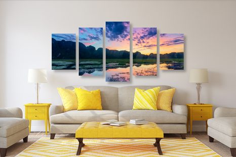 5-DÍLNÝ OBRAZ ROMANTICKÝ ZÁPAD SLUNCE V HORÁCH - OBRAZY PŘÍRODY A KRAJINY - OBRAZY