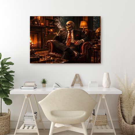 QUADRO SU TELA – SCHELETRO IN POLTRONA CON SIGARO - QUADRI HALLOWEEN E HORROR - STAMPE E QUADRI