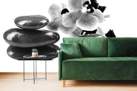 FOTOTAPETA ČERNOBÍLÉ KAMENY A ORCHIDEJ - ČERNOBÍLÉ TAPETY - TAPETY