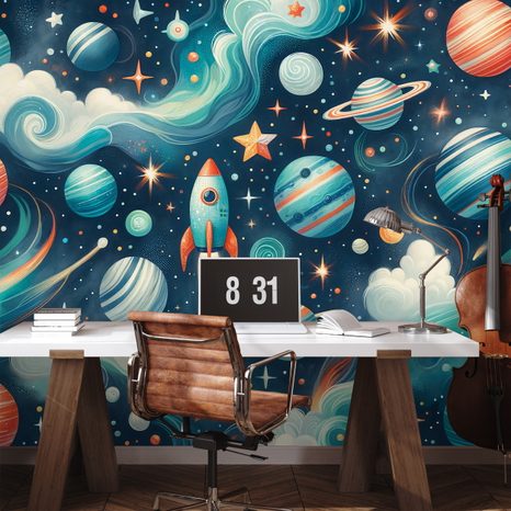 TAPETA BAREVNÝ VESMÍR S RAKETOU - DĚTSKÉ TAPETY - TAPETY
