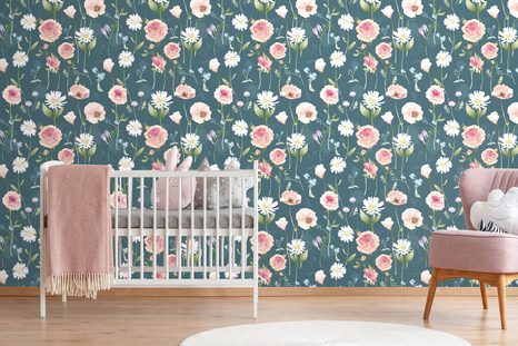 SELBSTKLEBENDE TAPETE ROMANTISCHE BLUMEN AUF BLAUEM HINTERGRUND - SELBSTKLEBENDE TAPETEN - TAPETEN