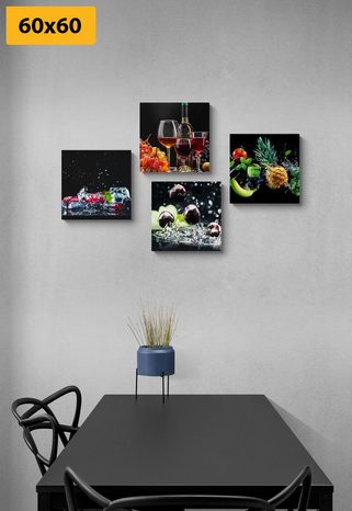 SET OBRAZŮ VÍNO A KOUSKY OVOCE NA ČERNÉM POZADÍ - SESTAVY OBRAZŮ - OBRAZY