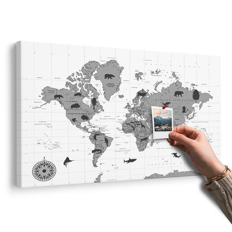 OBRAZ NA KORKU MAPA SE ZVÍŘATY V ČERNOBÍLÉM PROVEDENÍ - OBRAZY NA KORKU - OBRAZY