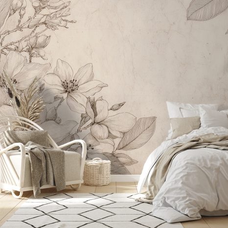 ZELFKLEVEND FOTOBEHANG VINTAGE BLOEMENILLUSTRATIES OP BEIGE ACHTERGROND - FOTOBEHANG BLOEMEN - FOTOBEHANG