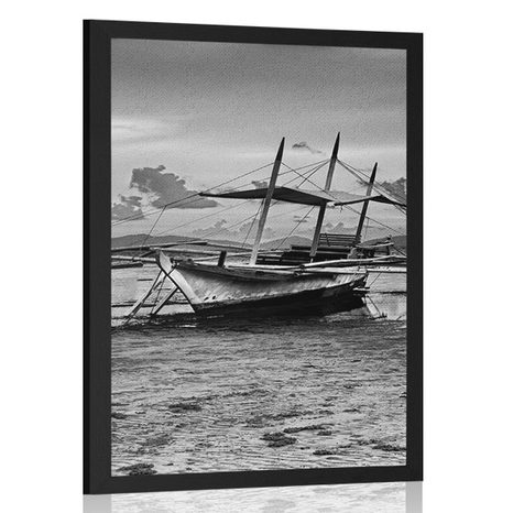 AFFICHE BATEAU AU COUCHER DU SOLEIL EN NOIR ET BLANC - NOIR ET BLANC - AFFICHES