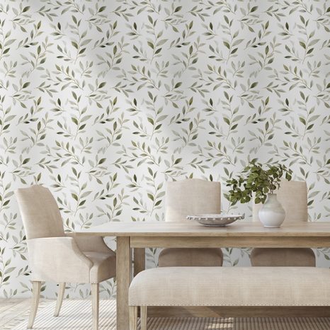 SAMOLEPÍCÍ TAPETA JEMNÉ OLIVOVÉ LÍSTKY NA ŠEDÉ - TAPETY LISTY - TAPETY