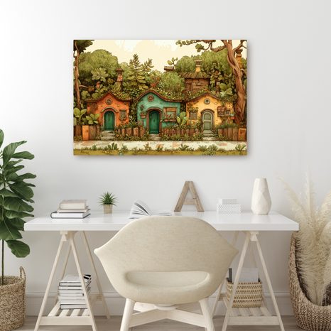 WANDBILD MÄRCHENHAFTE HÄUSER IM GARTEN - BUNTE HÄUSER - BILDER