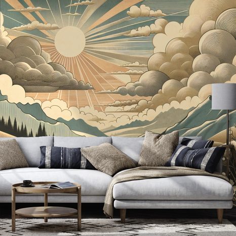 TAPETE RETRO-LANDSCHAFT MIT BERGEN UND SONNE - TAPETEN MIT BERGMOTIVEN - TAPETEN